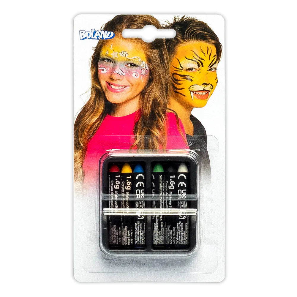 Set mit 6 Schminkstiften Rot, Gelb, Blau, Grün, Schwarz und Weiss