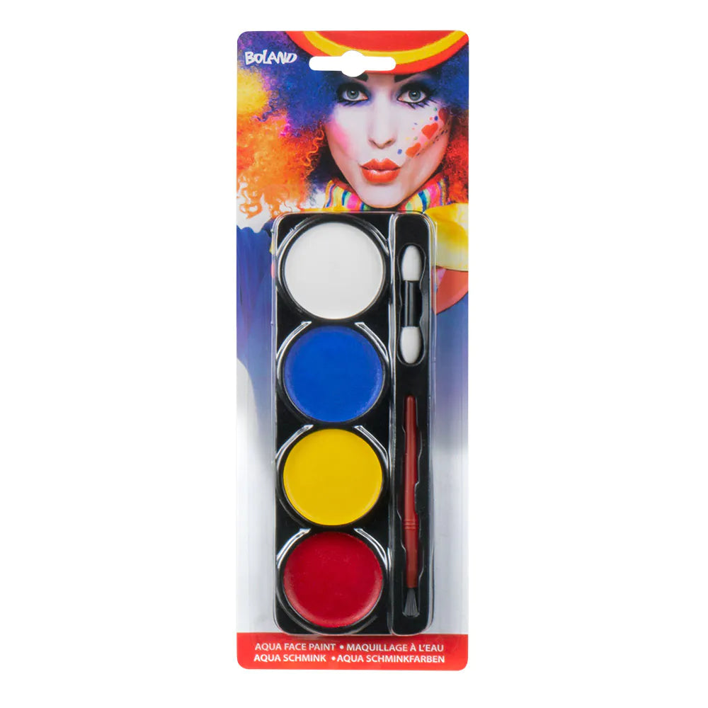 Schminkset Palette Clown (4 Dosen Aqua Schminkfarben, Applikator und Pinsel)