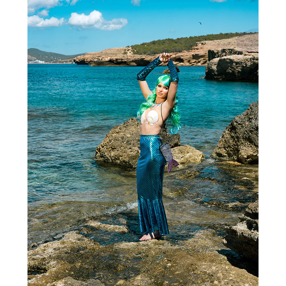 Schminkset Meerjungfrau (Schablonen mit Fischschuppen, Strasssteine, Make-up-Stift, Schminke, Glitzergel, Schwamm)