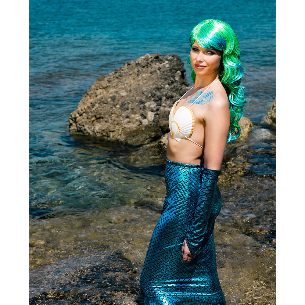 Schminkset Meerjungfrau (Schablonen mit Fischschuppen, Strasssteine, Make-up-Stift, Schminke, Glitzergel, Schwamm)