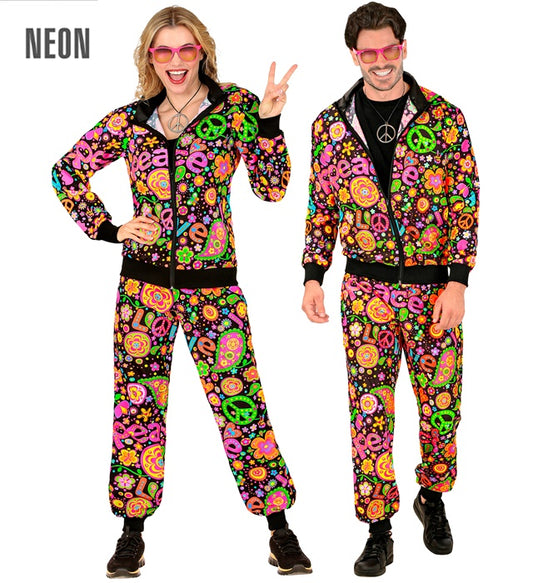 Neon Peace & Love Hippie Trainingsanzug mit buntem Oberteil und Hose für Fasnacht