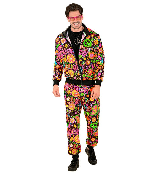 Neon Peace & Love Hippie Trainingsanzug mit buntem Oberteil und Hose für Fasnacht