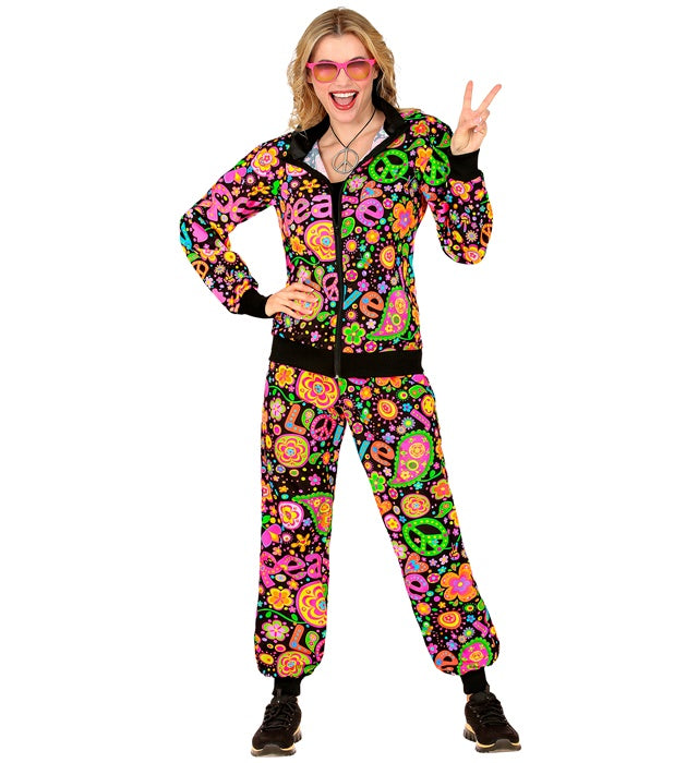Neon Peace & Love Hippie Trainingsanzug mit buntem Oberteil und Hose für Fasnacht