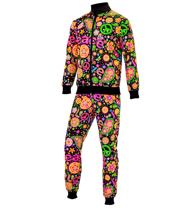 Neon Peace & Love Hippie Trainingsanzug mit buntem Oberteil und Hose für Fasnacht
