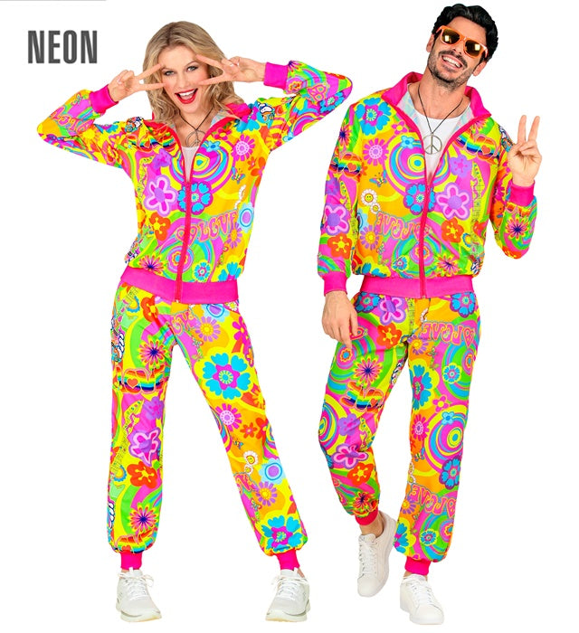 Neon Hippie Groovy Love Trainingsanzug in leuchtenden Farben aus Oberteil und Hose