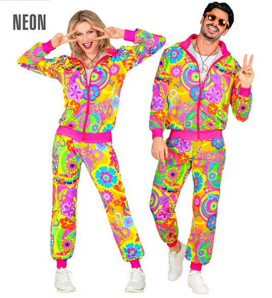 Neon Hippie Groovy Love Trainingsanzug in leuchtenden Farben für Fasnacht und Karneval