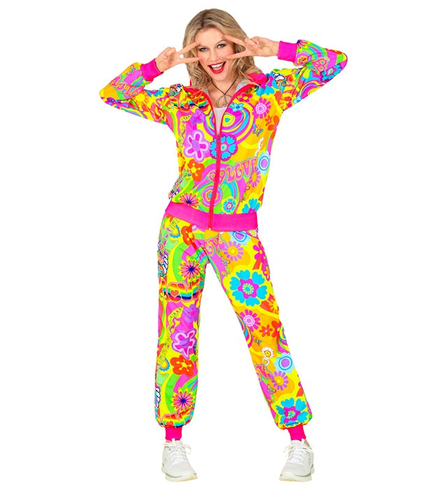 Neon Hippie Groovy Love Trainingsanzug in leuchtenden Farben aus Oberteil und Hose