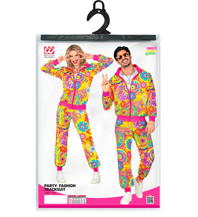 Neon Hippie Groovy Love Trainingsanzug in leuchtenden Farben aus Oberteil und Hose