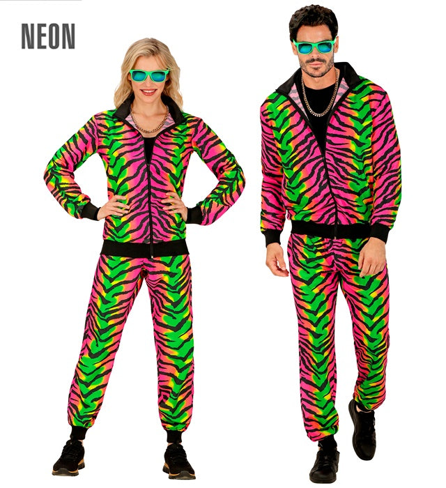 Neon Rave Trainingsanzug mit buntem Tiermuster, Oberteil und Hose