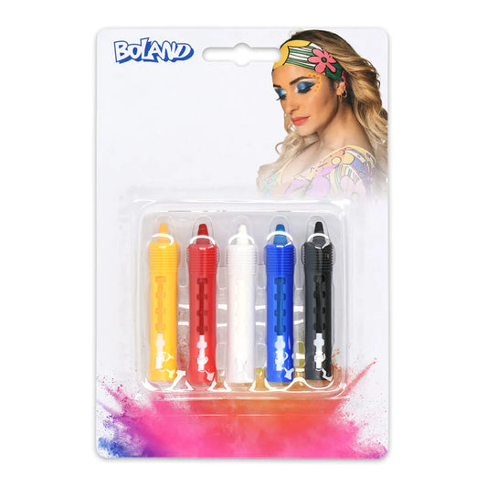 Satz mit 5 Schminkstiften Gelb, Rot, Weiss, Blau, Schwarz