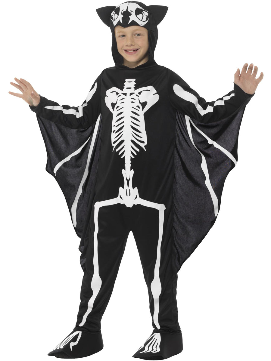 Smiffys Bat Skeleton Kostüm für Kinder in Schwarz und Weiss mit Kapuze und befestigten Flügeln – Produktansicht