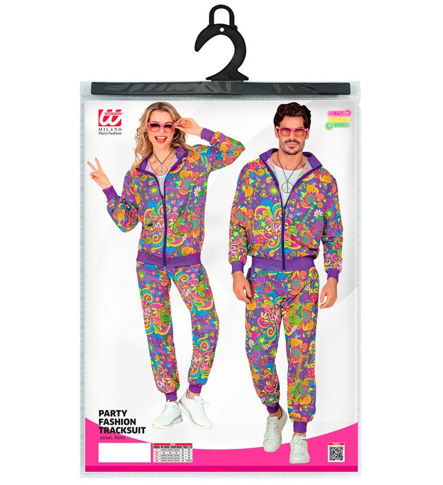 Neon Flower Power Hippie Trainingsanzug bestehend aus Oberteil und Hose im Retro-Stil