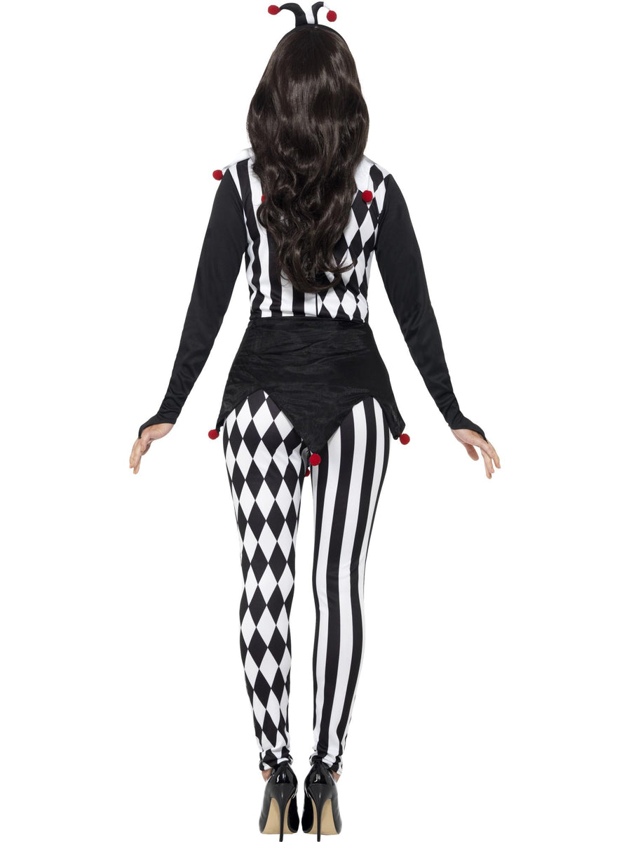 Smiffys CLOWNJEST Damen-Jester-Kostüm schwarz mit Oberteil Leggings und Haarreif – Detailansicht