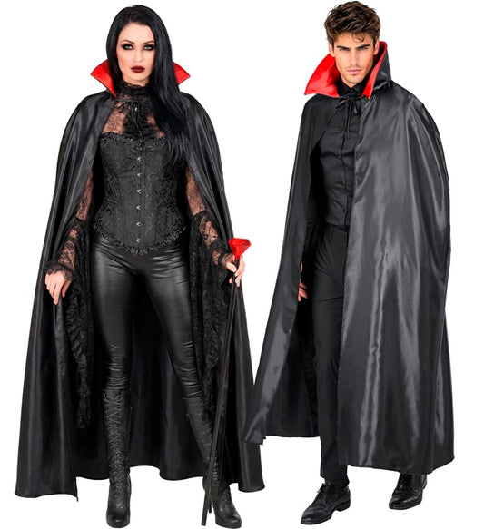 Schwarzer Satin Vampirumhang 140 cm auf weißem Hintergrund