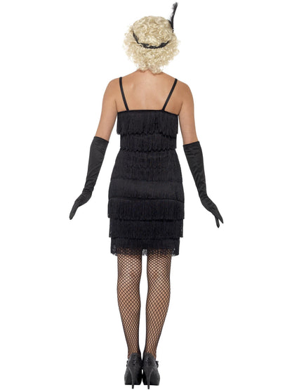Smiffys schwarzes Flapper-Kostüm für Damen mit kurzem Kleid, Stirnband und Handschuhen – Detailansicht