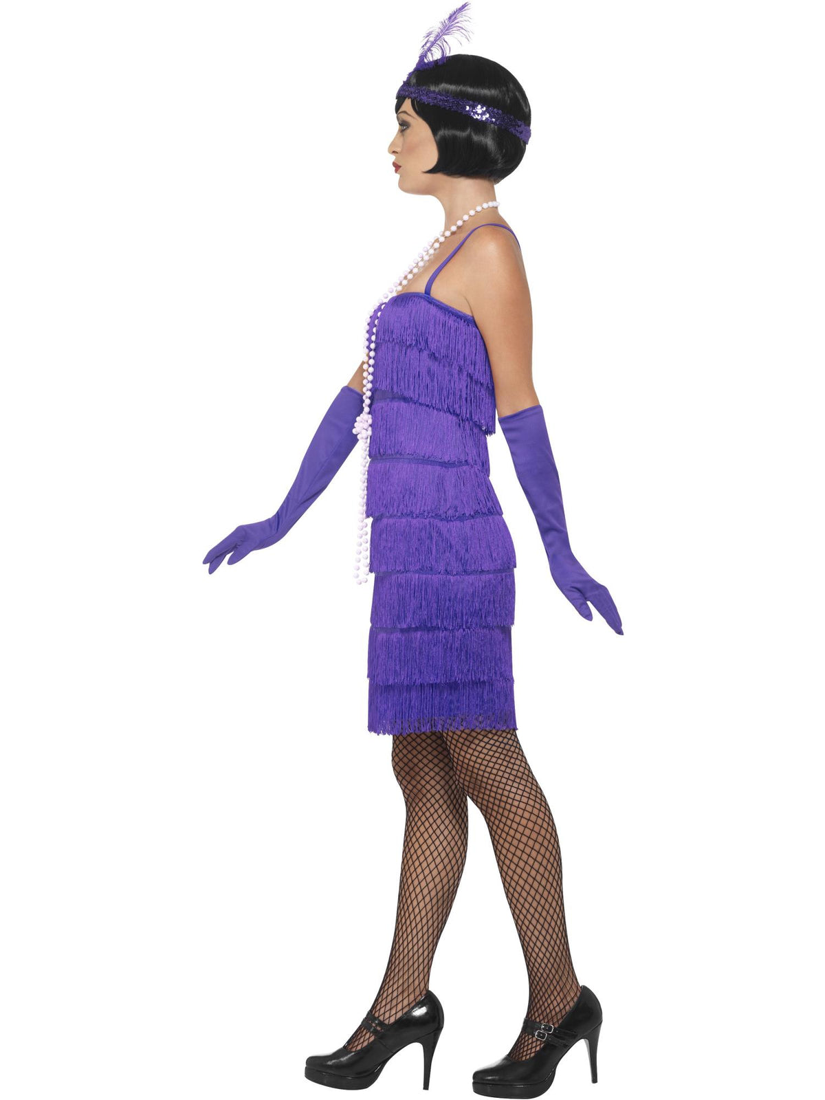Smiffys Flapper-Kostüm violett für Damen mit Kleid, Stirnband und Handschuhen – Seitenansicht