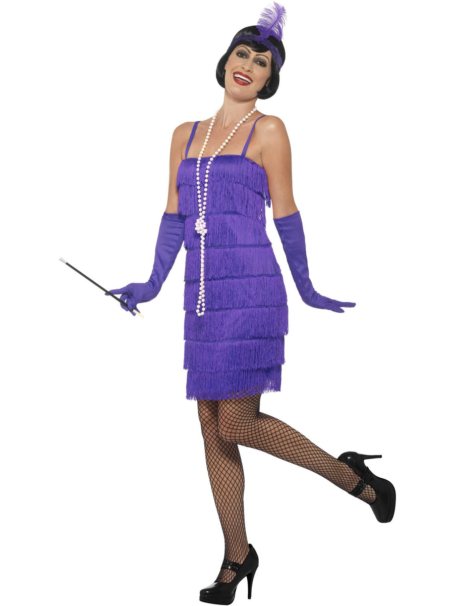 Smiffys Flapper-Kostüm violett für Damen mit Kleid, Stirnband und Handschuhen – Produktansicht