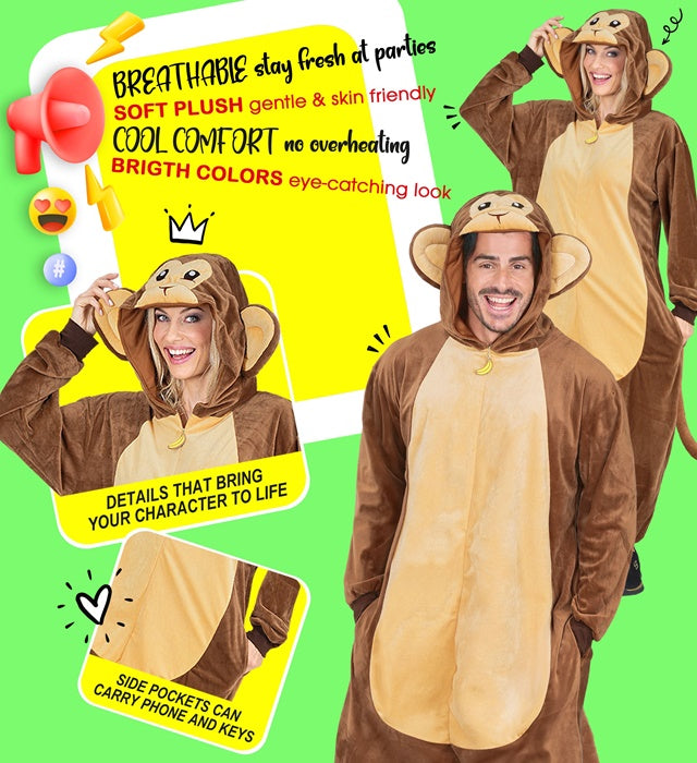 Affe Onesie Plüschkostüm mit Kapuze auf Fasnacht getragen