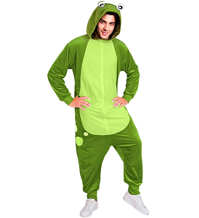 Frosch Onesie Plüschkostüm mit Kapuze in grün, Ganzkörper-Overall für Fasnacht