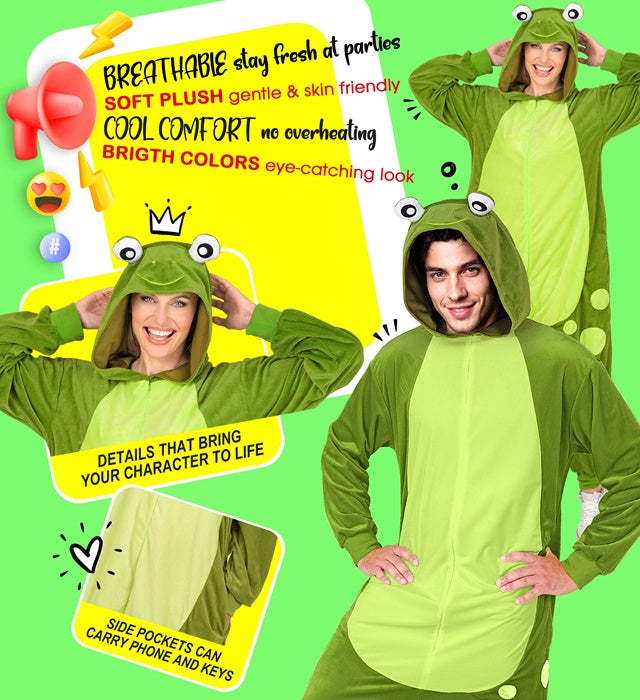 Frosch Onesie Plüschkostüm mit Kapuze in grün, Ganzkörper-Overall für Fasnacht