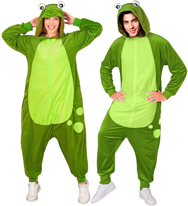 Frosch Onesie Plüschkostüm mit Kapuze in grün, Ganzkörper-Overall für Fasnacht