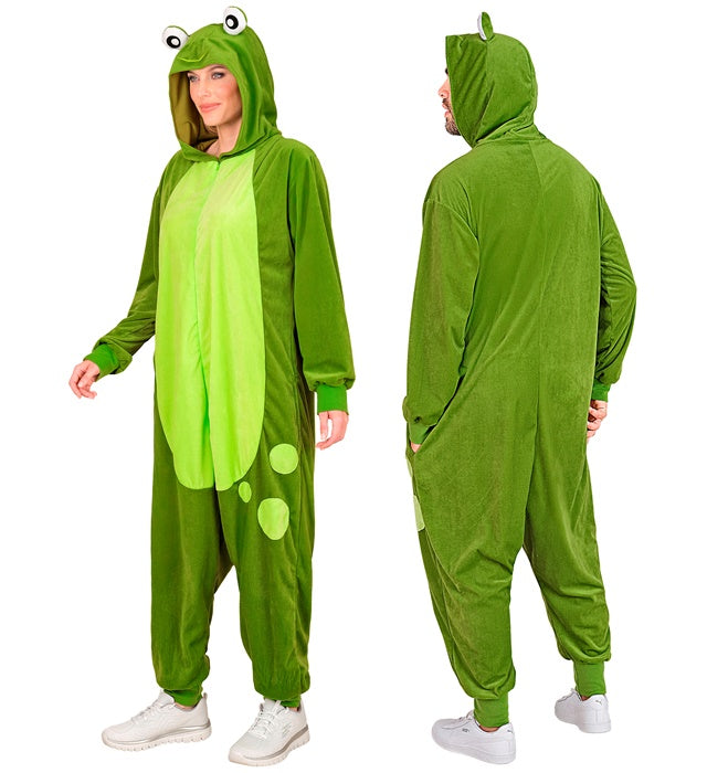 Frosch Onesie Plüschkostüm mit Kapuze in grün, Ganzkörper-Overall für Fasnacht