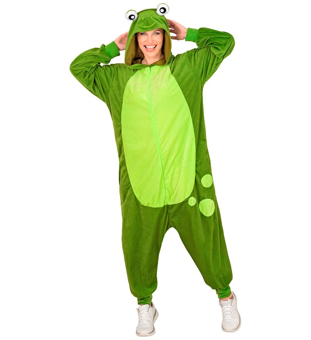 Frosch Onesie Plüschkostüm mit Kapuze in grün, Ganzkörper-Overall für Fasnacht