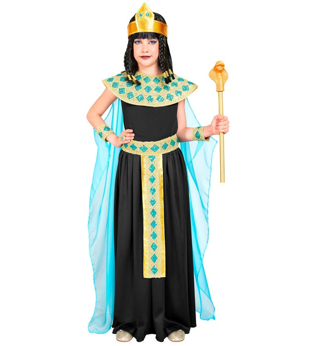 Cleopatra-Kostüm mit Kleid, Gürtel, Armbändern, Stirnband und Umhang auf weißem Hintergrund
