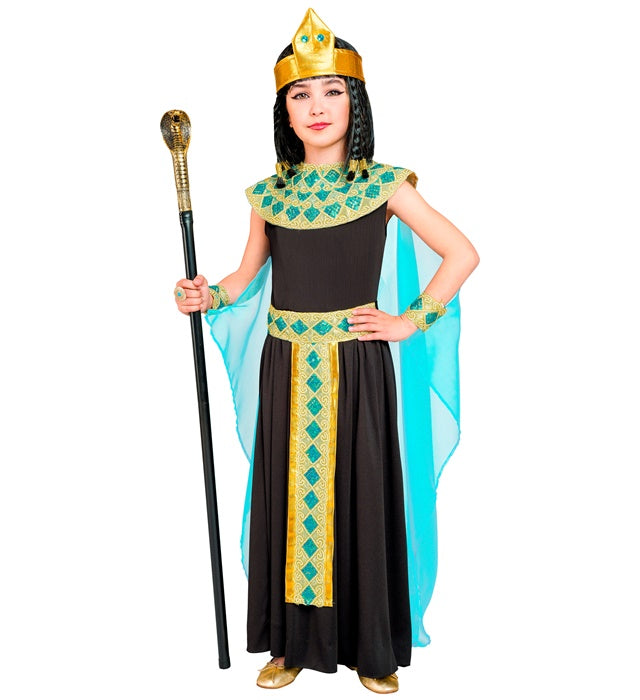 Cleopatra-Kostüm mit Kleid, Gürtel, Armbändern, Stirnband und Umhang auf weißem Hintergrund