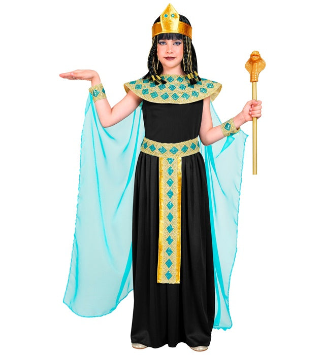 Cleopatra-Kostüm mit Kleid, Gürtel, Armbändern, Stirnband und Umhang auf weißem Hintergrund
