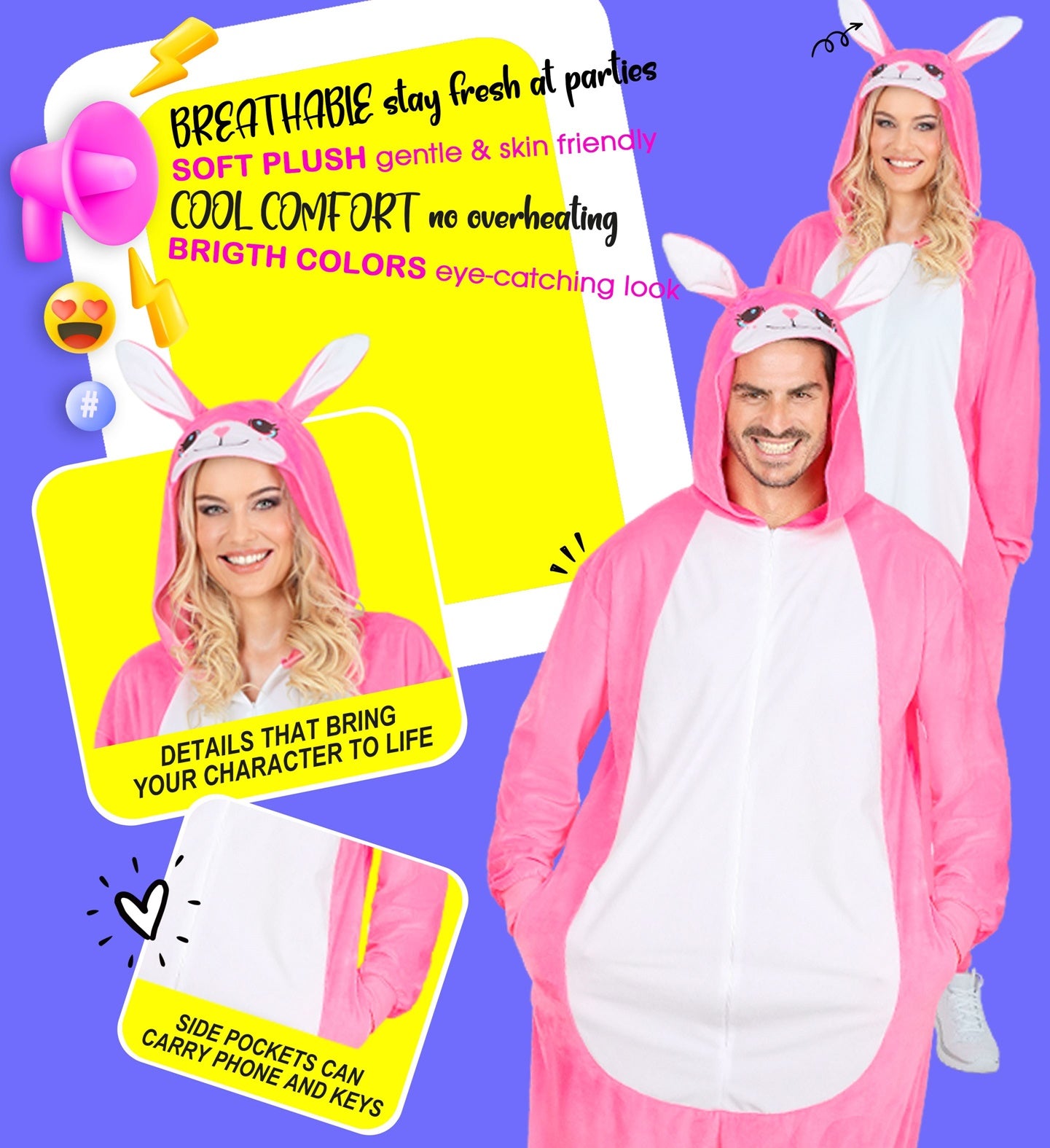 Plüsch Häschen Pink Kostüm Overall Onesie mit Kapuze