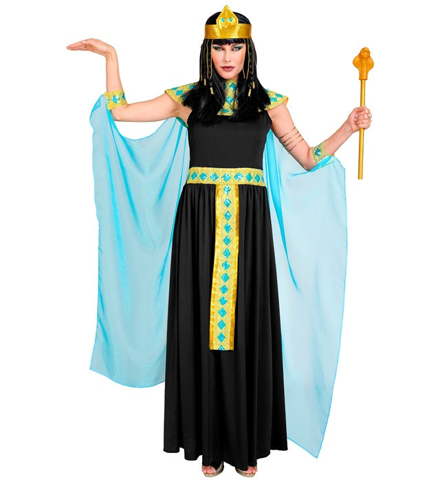Cleopatra Kostüm mit Kleid, Gürtel, Armbändern, Stirnband und Umhang auf weißem Hintergrund
