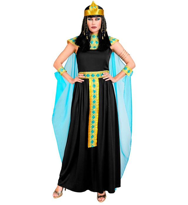 Cleopatra Kostüm mit Kleid, Gürtel, Armbändern, Stirnband und Umhang auf weißem Hintergrund