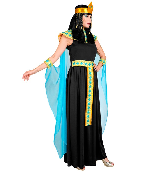 Cleopatra Kostüm mit Kleid, Gürtel, Armbändern, Stirnband und Umhang auf weißem Hintergrund