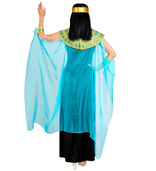 Cleopatra Kostüm mit Kleid, Gürtel, Armbändern, Stirnband und Umhang auf weißem Hintergrund