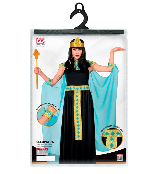 Cleopatra Kostüm mit Kleid, Gürtel, Armbändern, Stirnband und Umhang auf weißem Hintergrund