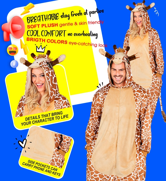 Giraffen Onesie Plüschkostüm mit Kapuze in braun-beige für Fasnacht und Mottoparty