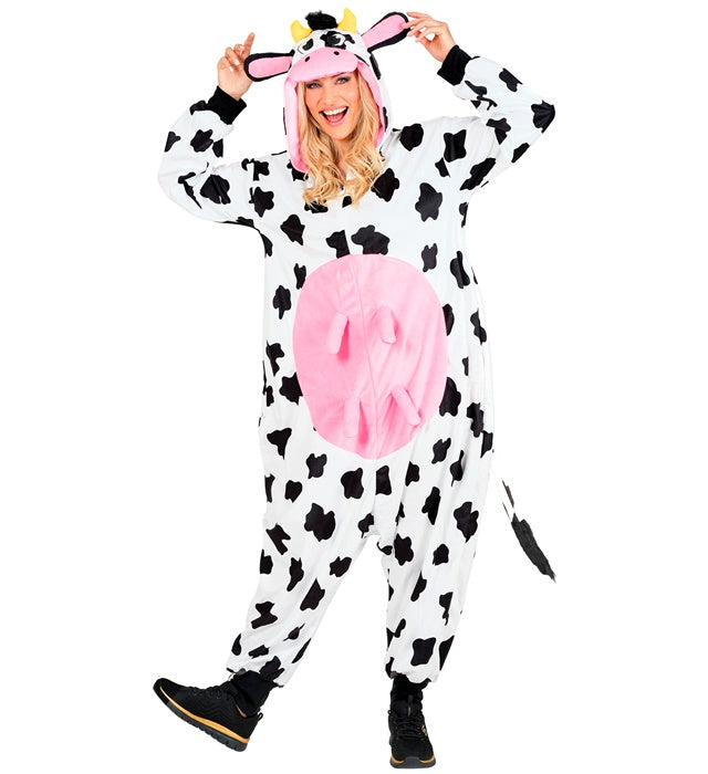 Kuh Onesie Plüschkostüm mit Kapuze in weichem Material für Fasnacht und Mottoparty