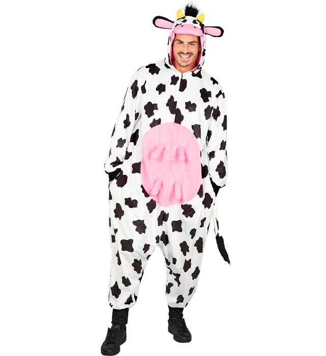 Kuh Onesie Plüschkostüm mit Kapuze in weichem Material für Fasnacht und Mottoparty