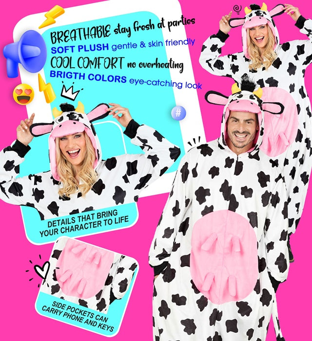 Kuh Onesie Plüschkostüm mit Kapuze in weichem Material für Fasnacht und Mottoparty
