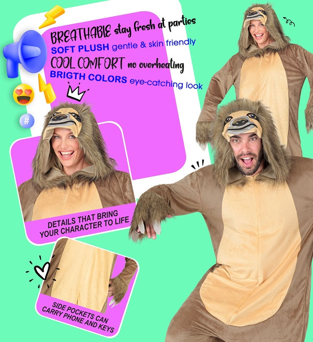 Faultier Onesie Plüschkostüm mit Kapuze in Braun für Fasnacht und Karneval
