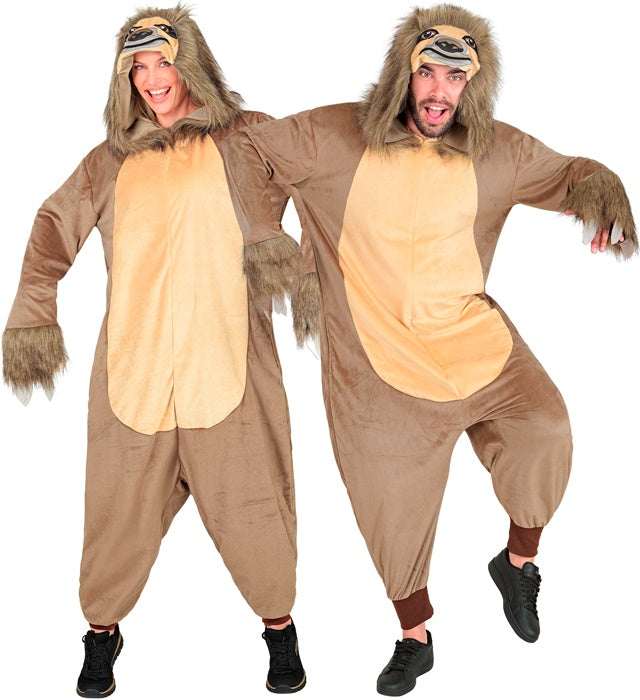 Faultier Onesie Plüschkostüm mit Kapuze in Braun für Fasnacht und Karneval