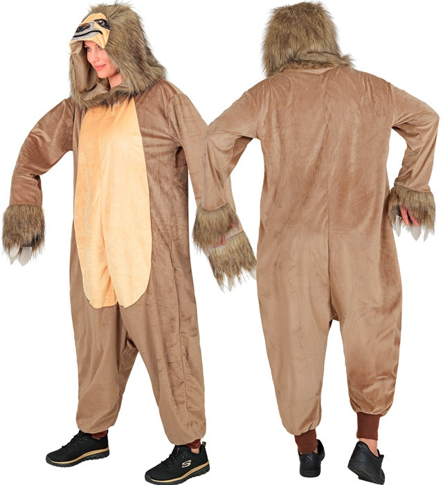 Faultier Onesie Plüschkostüm mit Kapuze in Braun für Fasnacht und Karneval