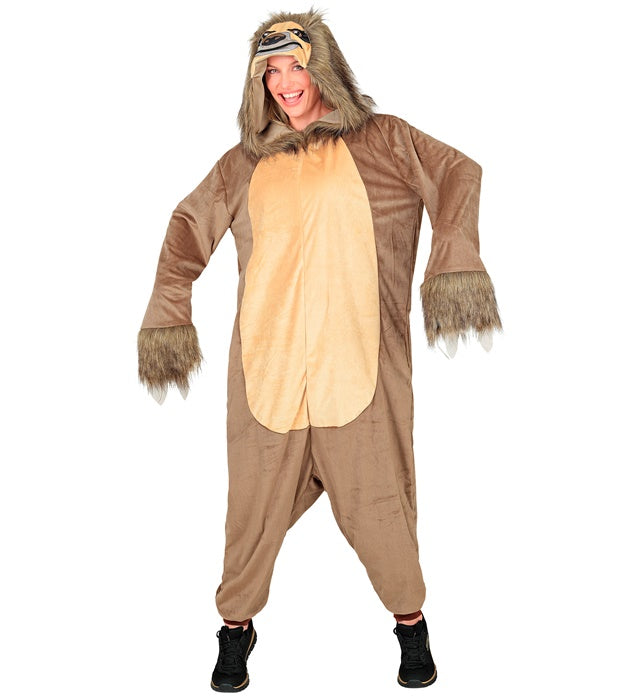 Faultier Onesie Plüschkostüm mit Kapuze in Braun für Fasnacht und Karneval
