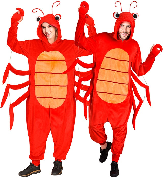 Hummer Onesie Plüschkostüm mit Kapuze in leuchtendem Rot auf weissem Hintergrund
