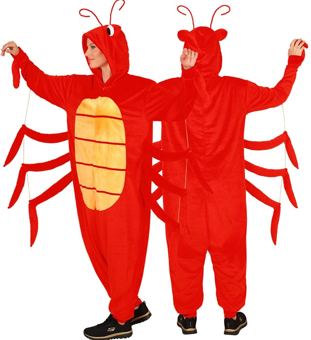 Hummer Onesie Plüschkostüm mit Kapuze in leuchtendem Rot auf weissem Hintergrund