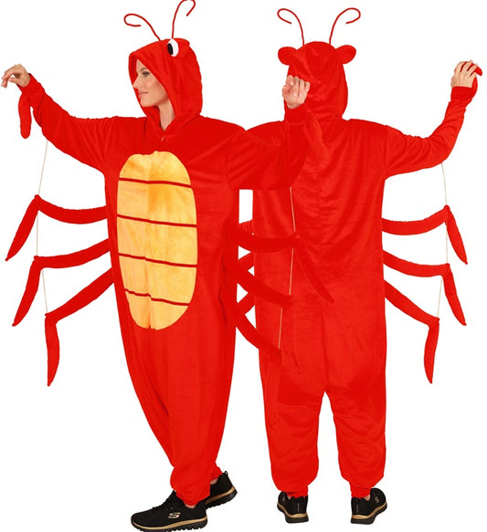 Hummer Onesie Plüschkostüm mit Kapuze in leuchtendem Rot auf weissem Hintergrund
