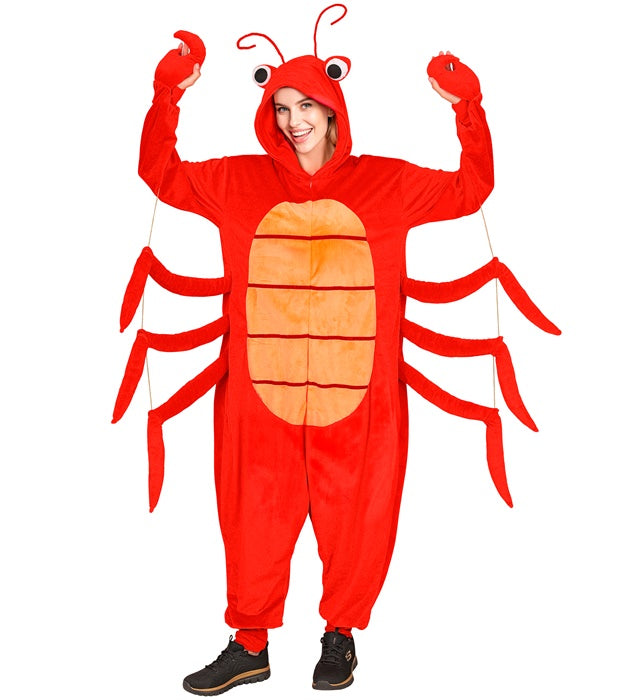 Hummer Onesie Plüschkostüm mit Kapuze in leuchtendem Rot auf weissem Hintergrund