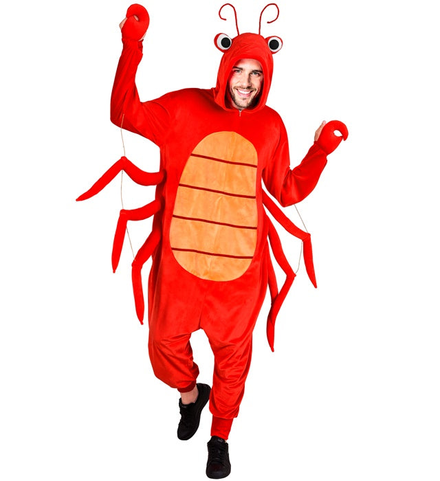 Hummer Onesie Plüschkostüm mit Kapuze in leuchtendem Rot auf weissem Hintergrund