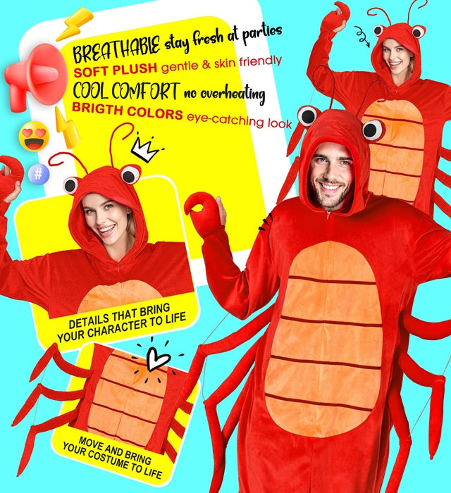 Hummer Onesie Plüschkostüm mit Kapuze in leuchtendem Rot auf weissem Hintergrund